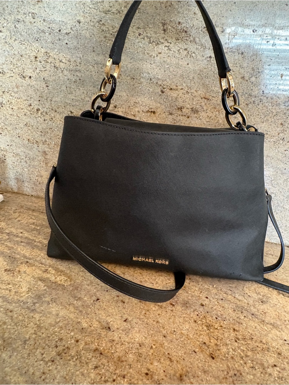 Michael Kors Black Saffiano Shoulder Bag with Gold Hardware